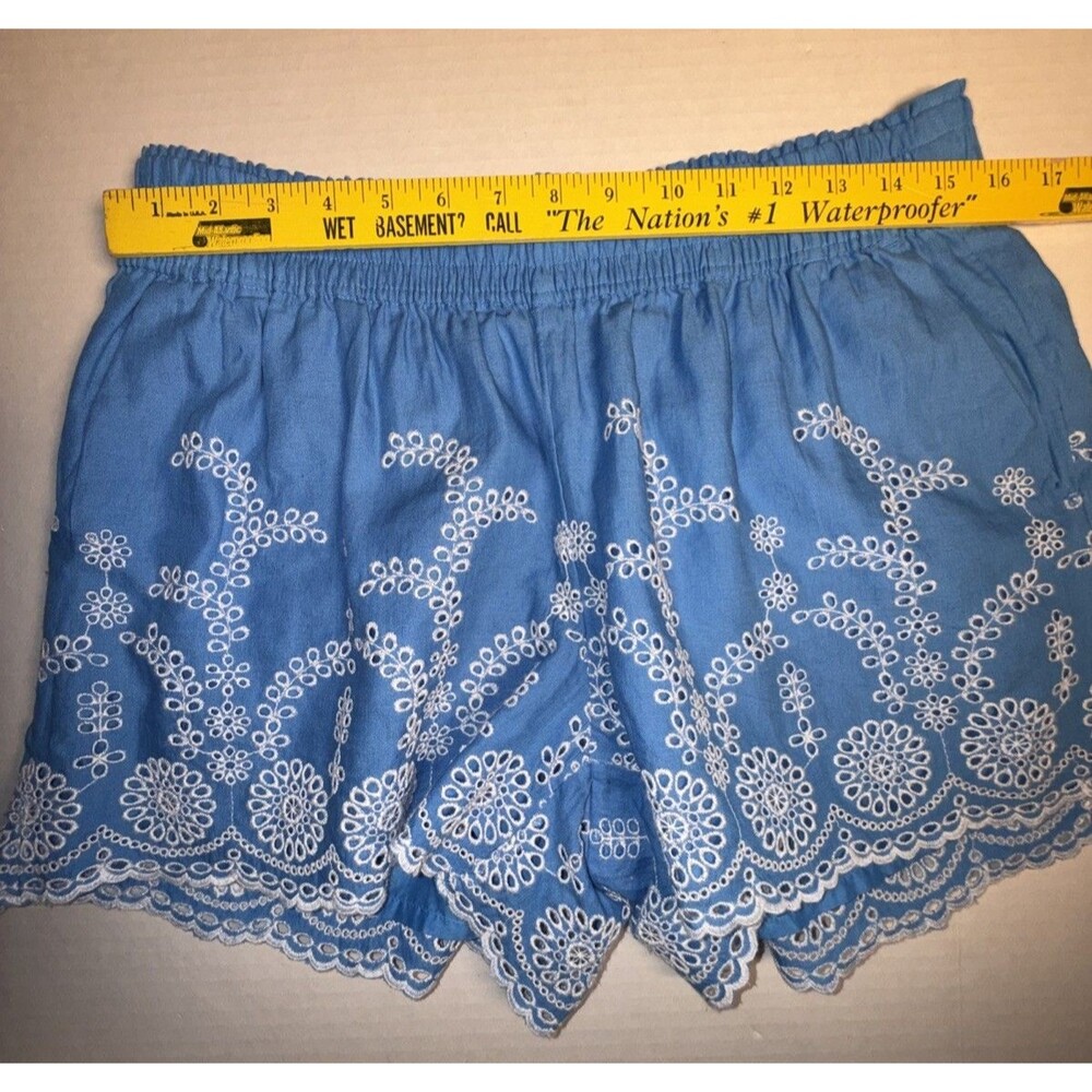 J Crew Medium Shorts Blue/White Floral Eyelet Embroidered Elastic Waist Linen Bl - Picture 8 of 11